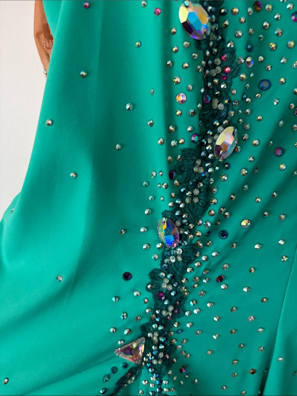 Turquoise Long Sleeve Ballroom Dress with Nude Illusion and Crystal Trim - Picture 9 of 11